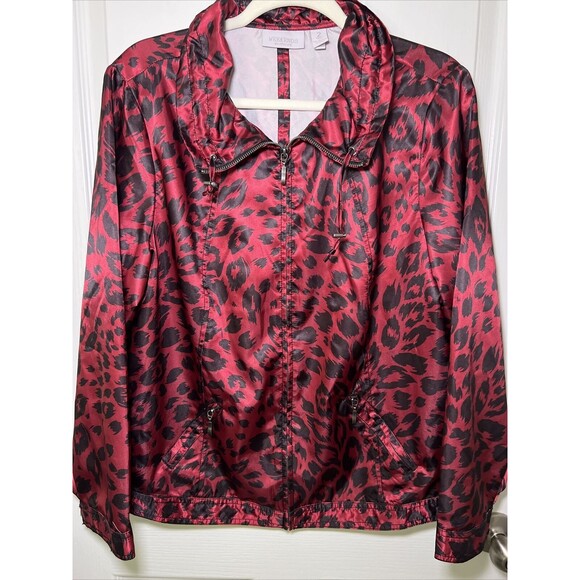 Weekends by Chico's Animal Print Windbreaker Jacket Size 2 Large Red Black - Picture 1 of 11